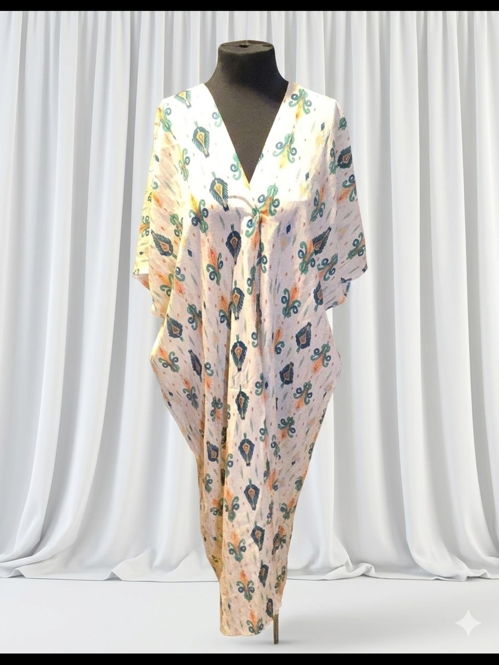 OLA SinH Floral Caftan in White with Teal & Coral Accents
